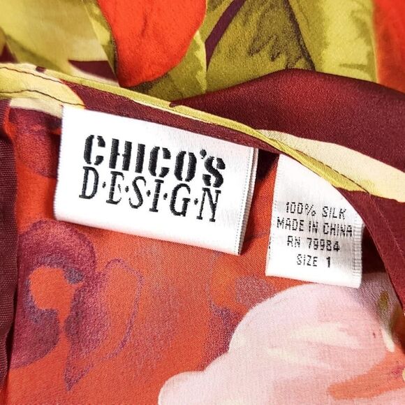 Chico's Silk Tropical Floral Dress - Red Green Sleeveless Medium - Picture 8 of 8